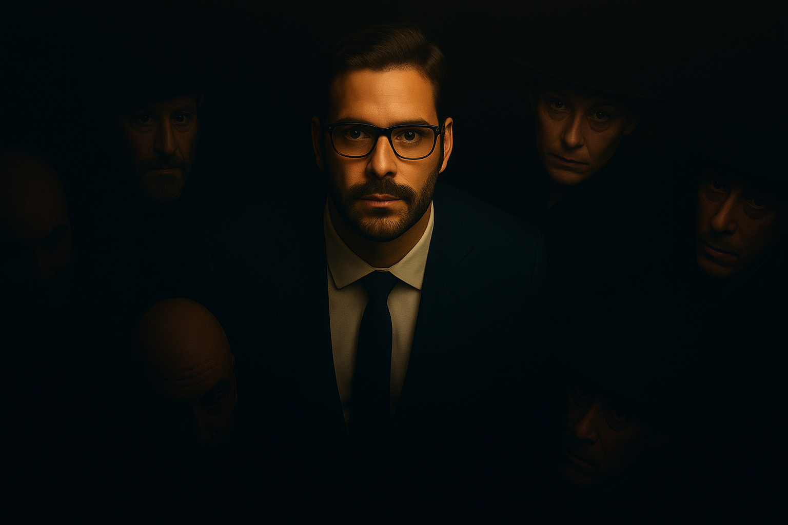 Man in glasses surrounded by mysterious figures in the dark